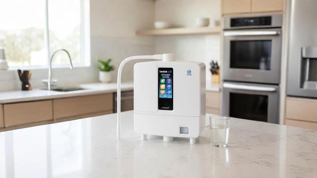LeveLuk K8 Kangen Water machine on a modern kitchen countertop, premium alkaline water ionizer for home use in the USA