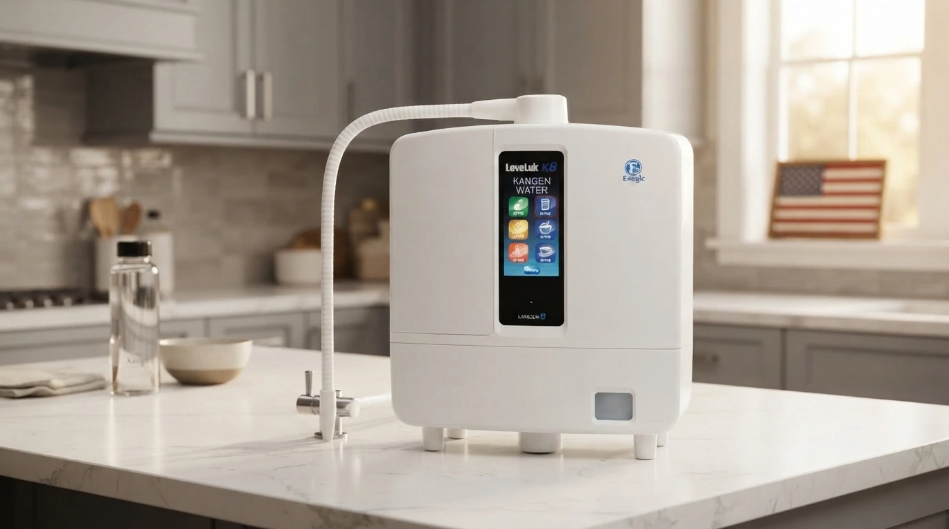 Kangen Water machine in a modern American kitchen with a subtle United States flag