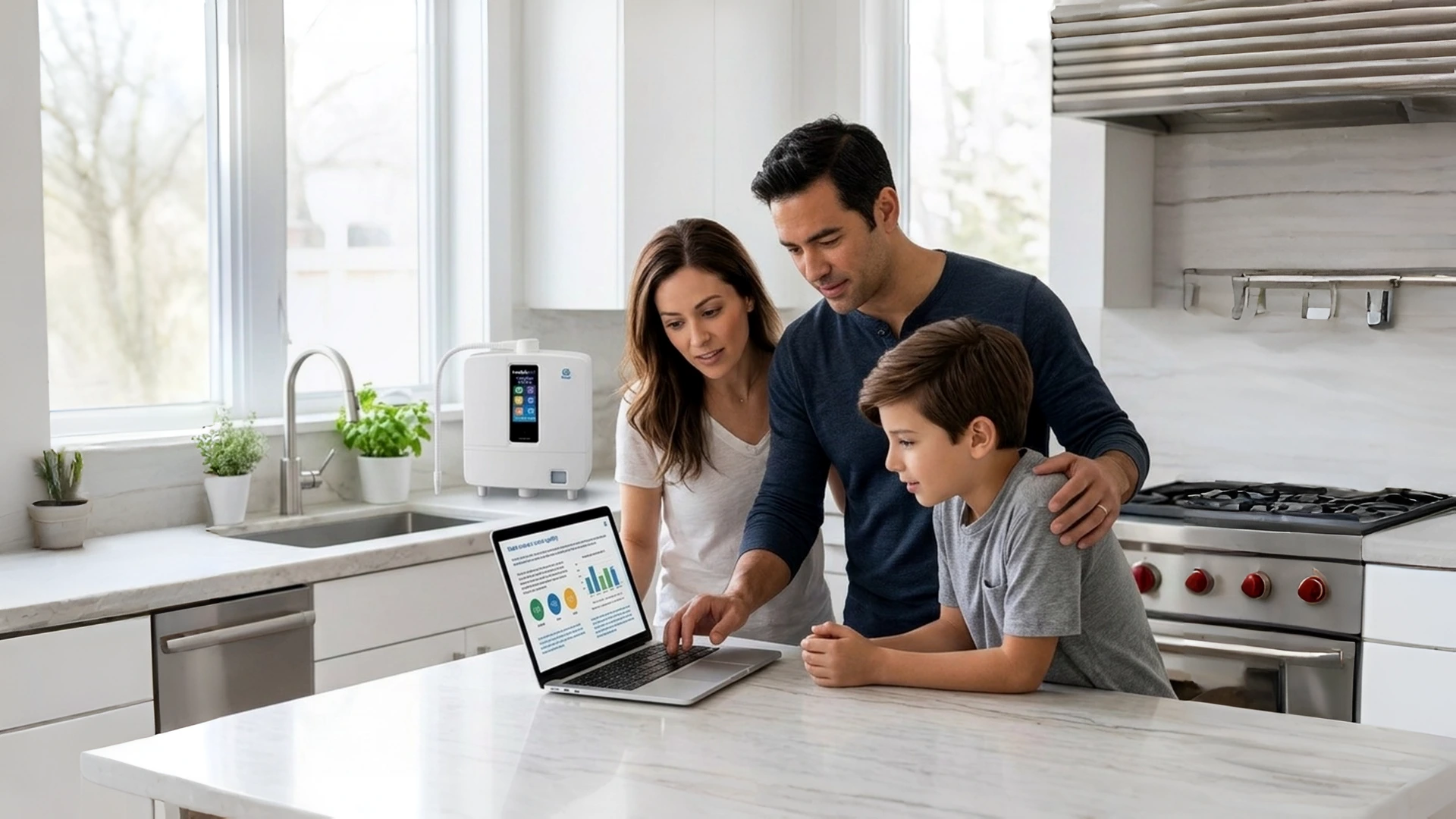 American family researching Kangen Water machine options before purchasing through KangenMachineUSA