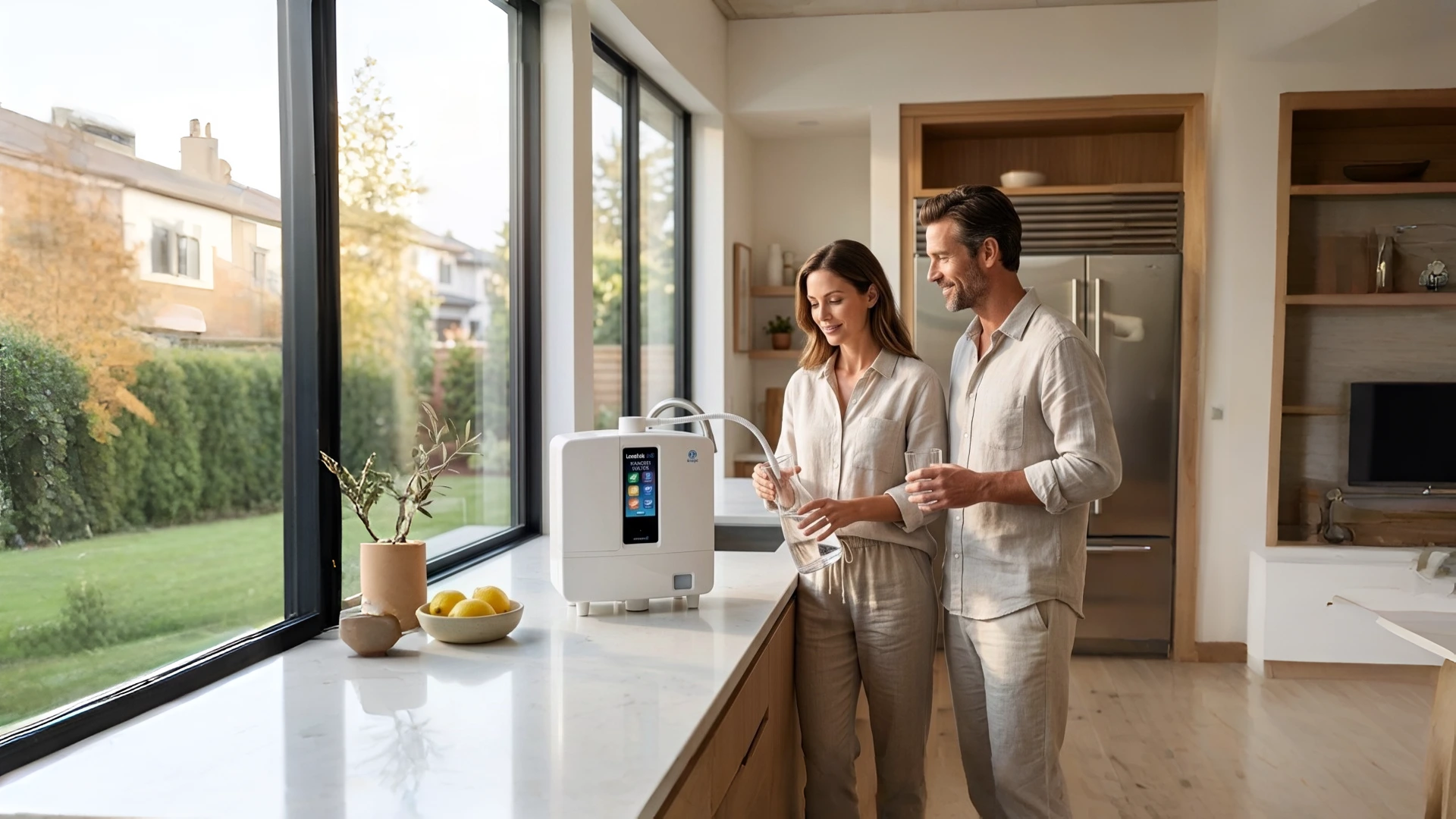 Modern American kitchen with premium Kangen Water Enagic ionizer machine in a clean and minimalist home environment
