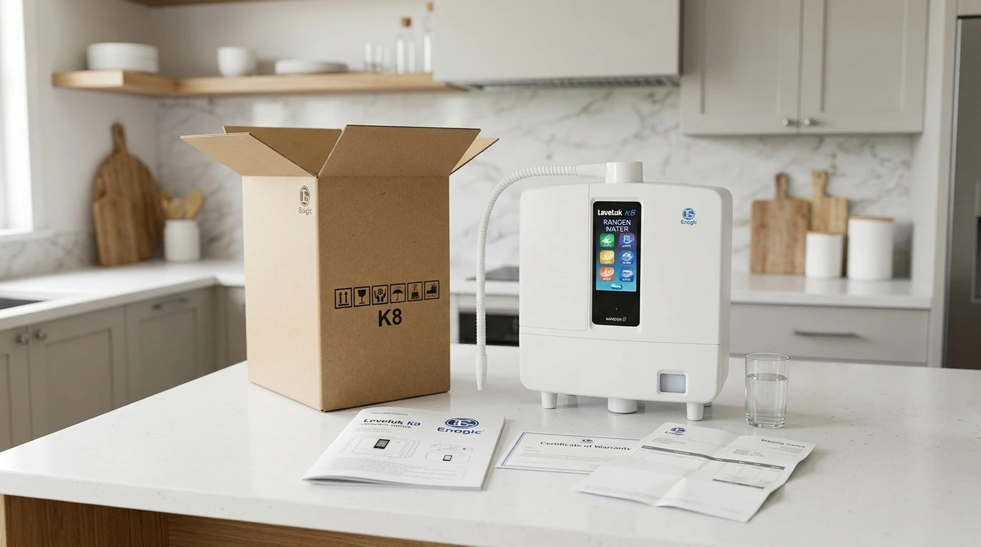 Kangen Water machine with shipping packaging and warranty documentation