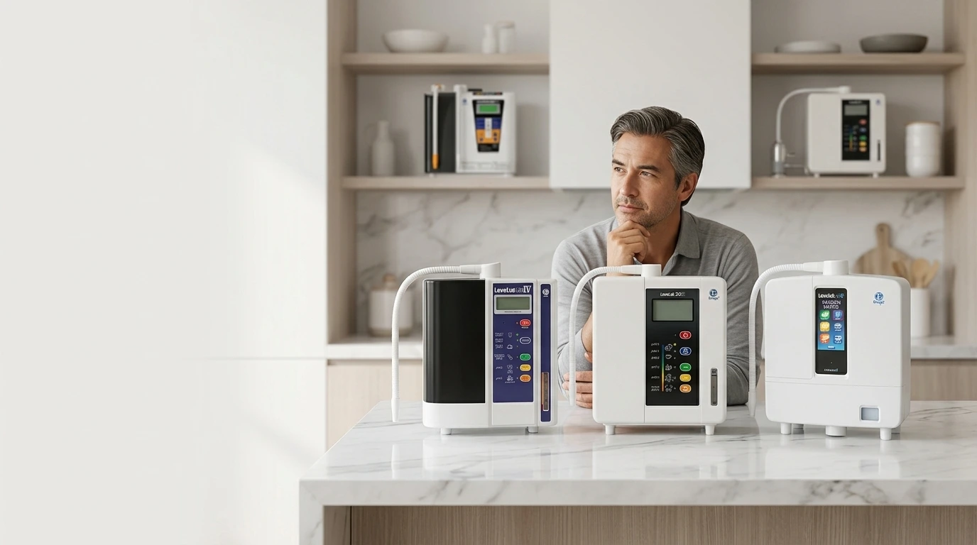 Person comparing different Kangen Water machine models for household use