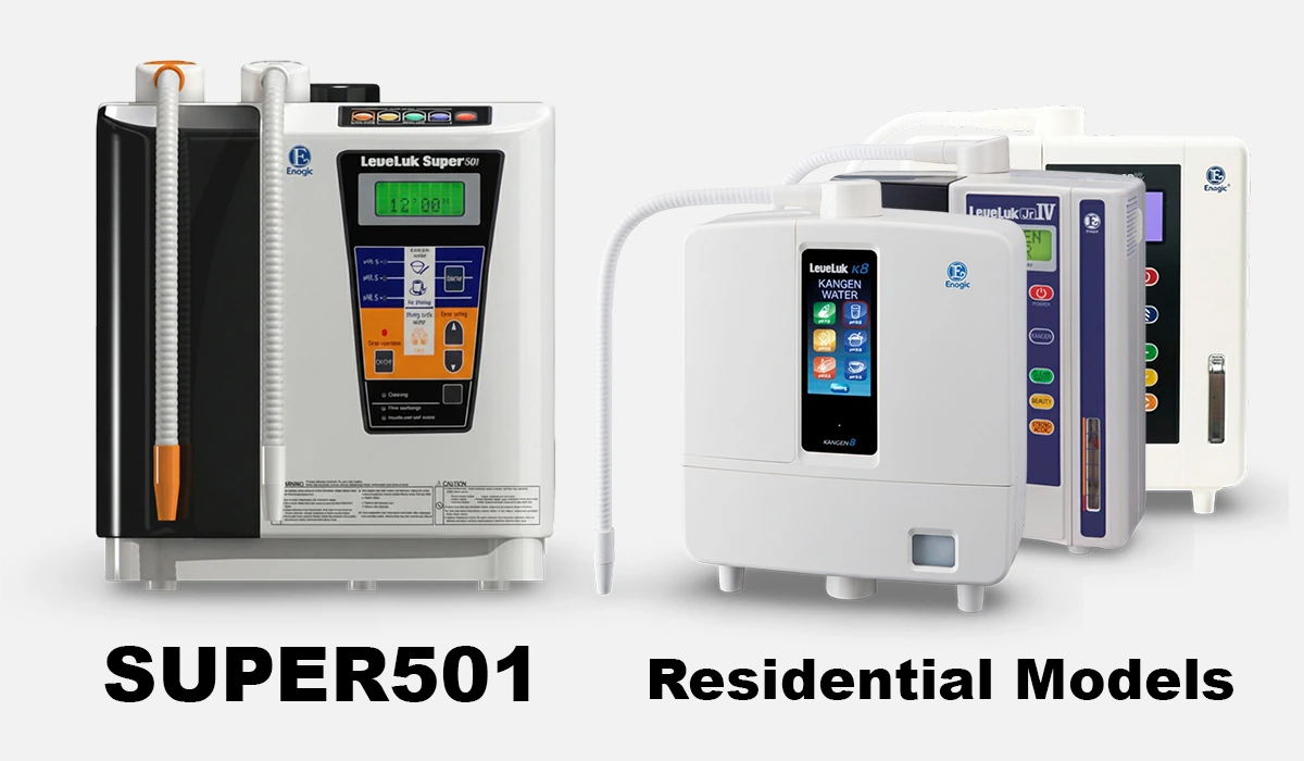 Leveluk Super501 vs residential home model Kangen Water machine comparison
