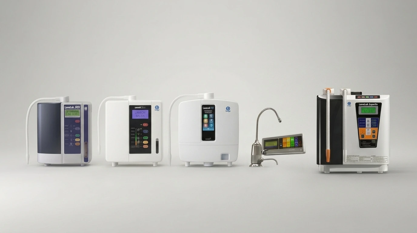 Kangen Water machine lineup including JRIV, SD501DX, K8, SD501U, and Super501