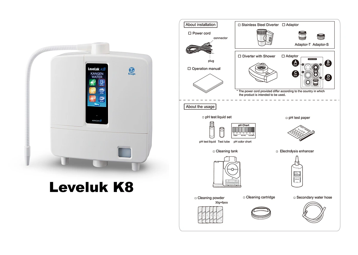 LeveLuk K8 Kangen Water machine showing the included accessories and installation kit.