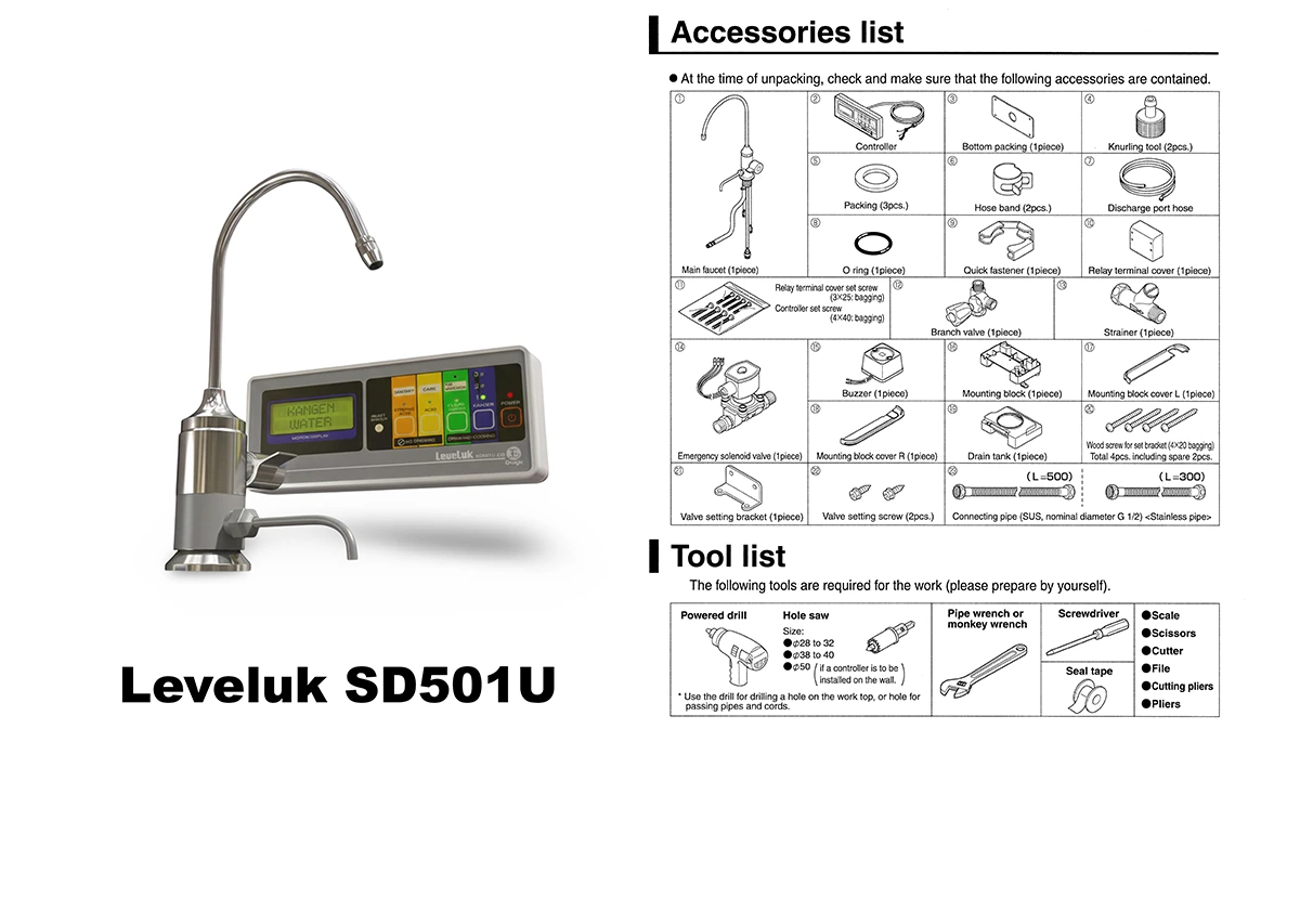 LeveLuk SD501U Kangen Water machine showing the included accessories and installation kit.