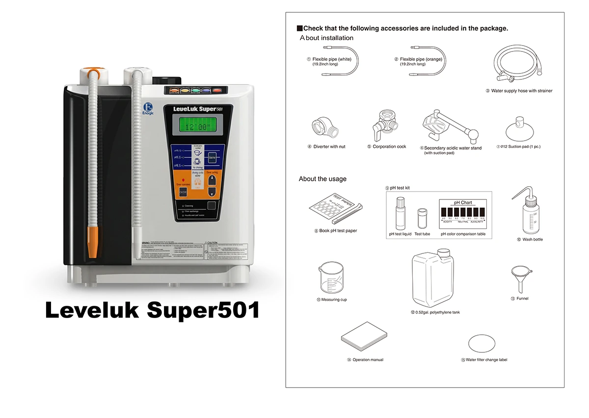LeveLuk Super501 Kangen Water machine showing the included accessories and installation kit.