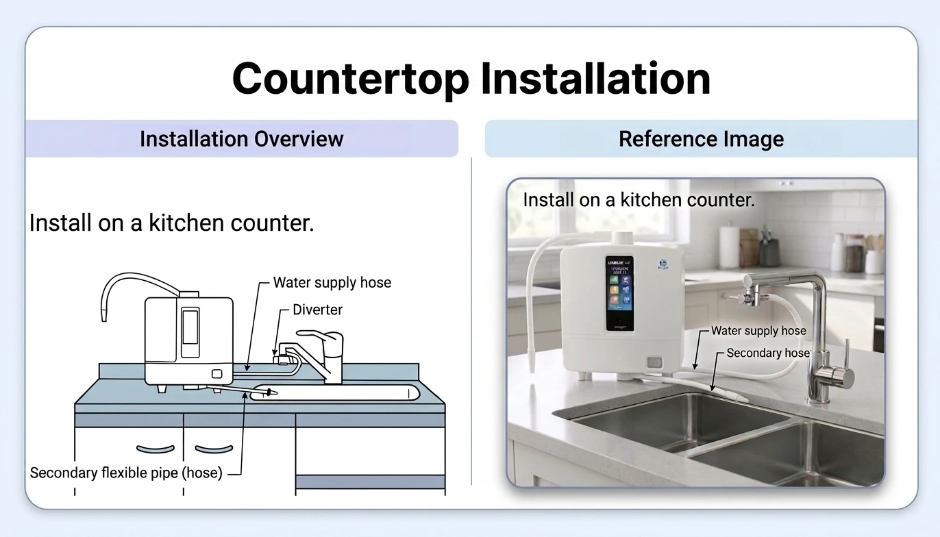 Countertop installation of a Kangen Water machine connected to a kitchen faucet using a diverter valve.