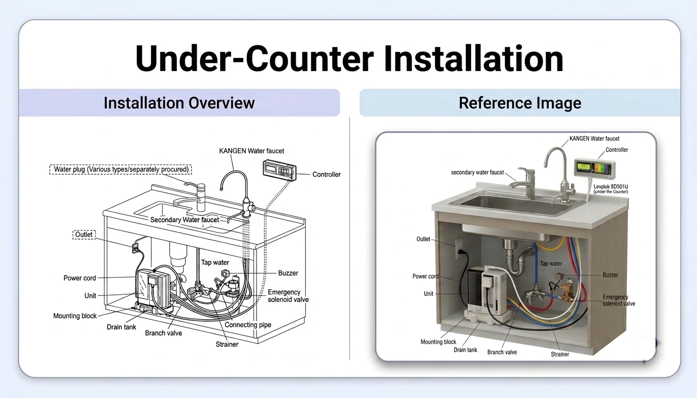 Under-counter installation of a Kangen Water machine connected to a dedicated drinking water faucet.