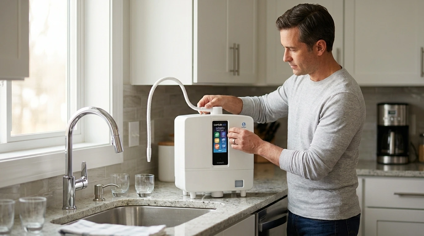 Homeowner checking a Kangen Water machine during installation and maintenance