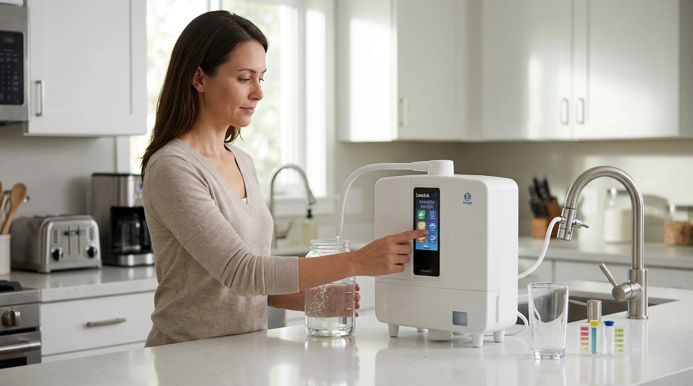 Person safely operating a Kangen Water machine in a modern kitchen