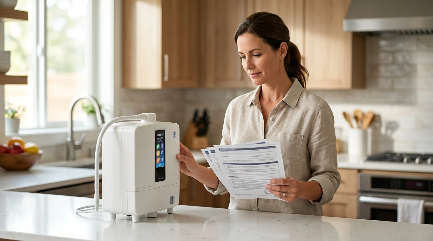 Homeowner reviewing Kangen Water machine warranty documents in a modern kitchen