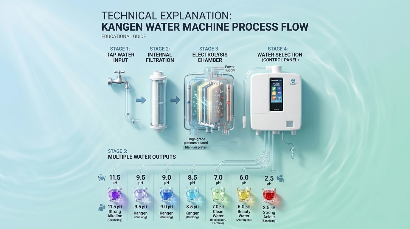 How Kangen Water Machine works from tap water filtration to electrolysis and multiple water outputs
