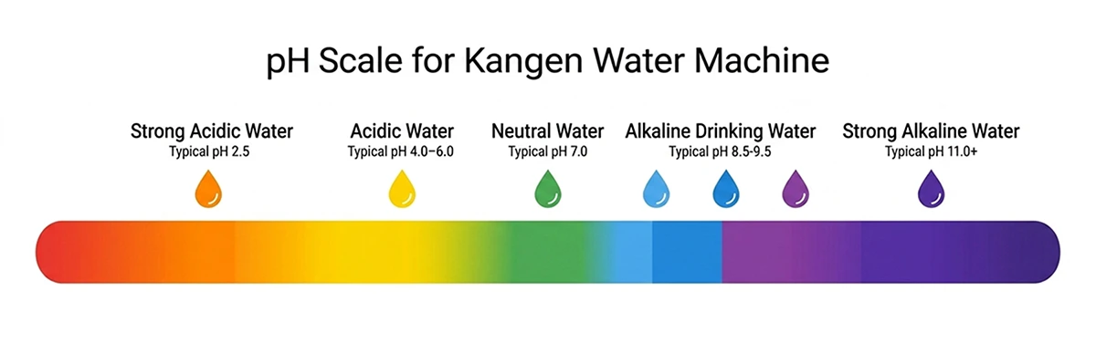 Illustration of the pH scale showing acidic, neutral, and alkaline water types produced by a Kangen Water machine.