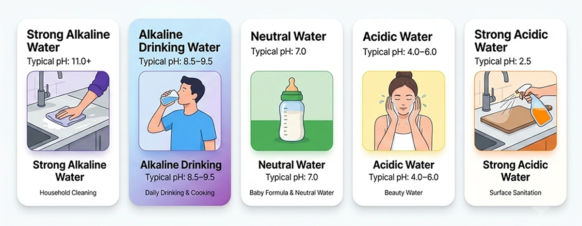 Overview of the five types of water produced by a Kangen Water machine with their typical pH ranges and everyday household applications.