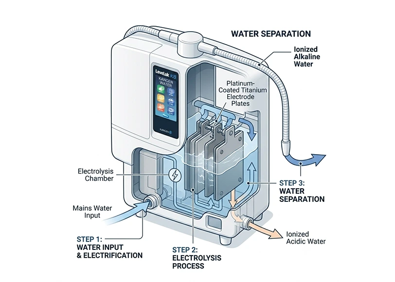 Diagram showing how water ionization separates water into alkaline and acidic streams through electrolysis inside a Kangen Water machine.
