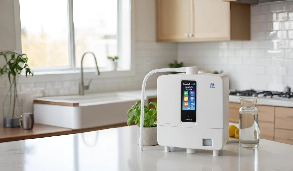 LeveLuk K8 Kangen Water machine in a modern home kitchen, premium alkaline water ionizer available in the United States