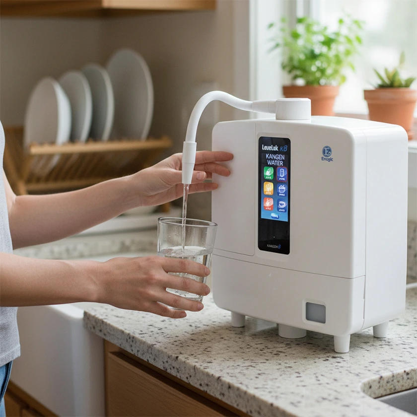 LeveLuk K8 Kangen Water machine used in a home kitchen for everyday family water needs