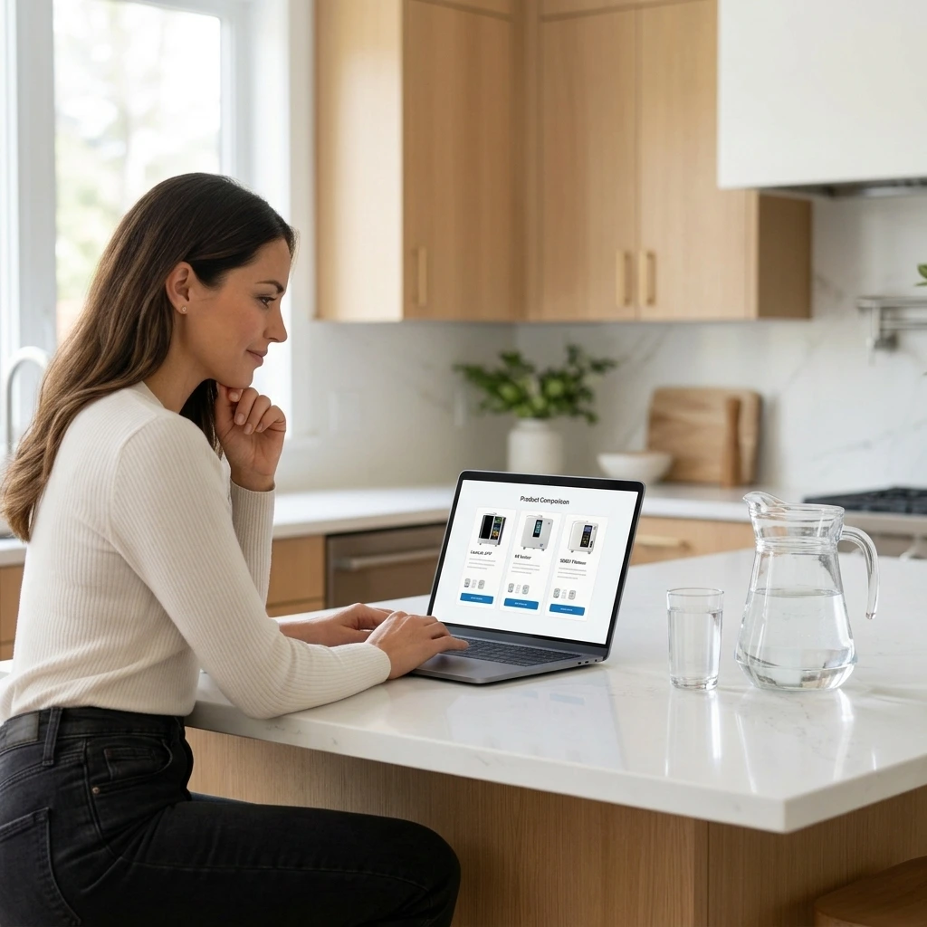 Homeowner exploring Kangen Water Machine models in a modern kitchen before choosing the right system