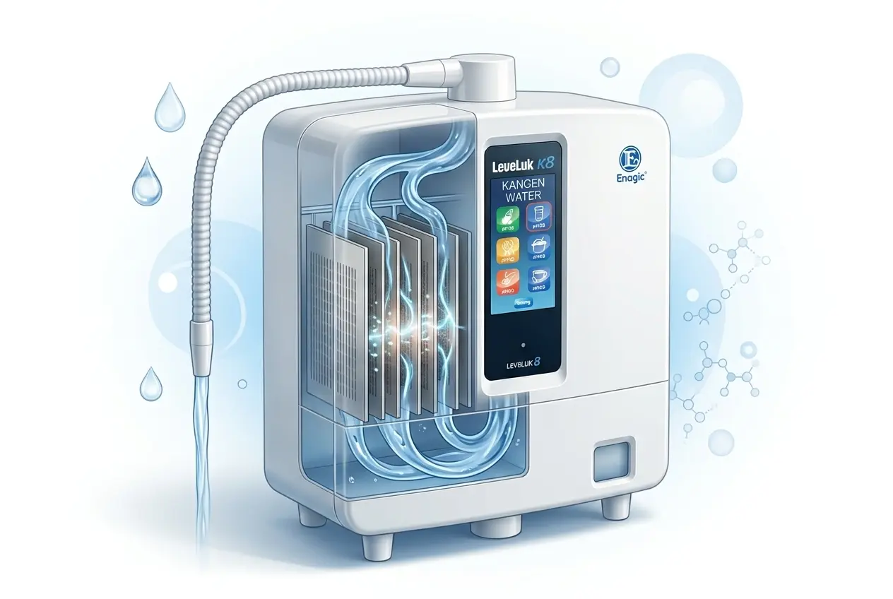 Illustration of a Kangen Water Machine showing the electrolysis process and platinum-coated titanium plates