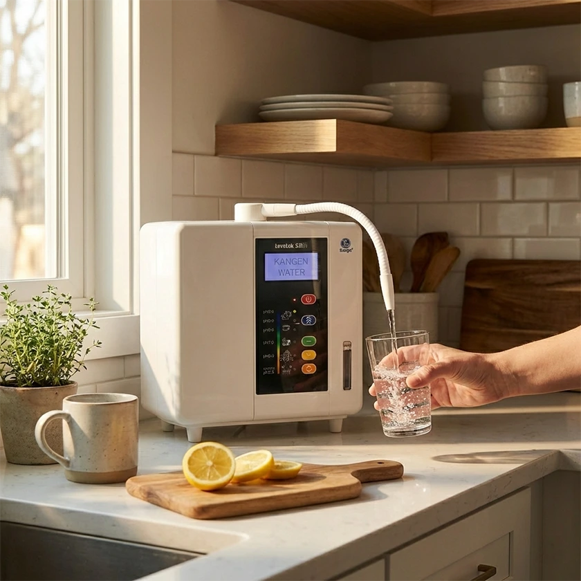 Pouring ionized water from the Kangen Water machine LeveLuk SD501DX into a glass for daily family use