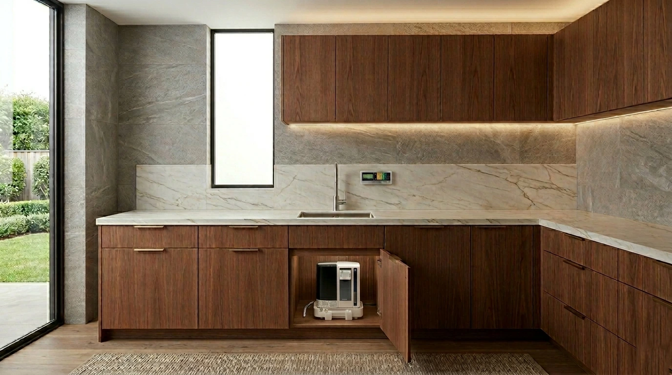 minimalist kitchen with clean countertop and no visible appliances illustrating under-counter water system design