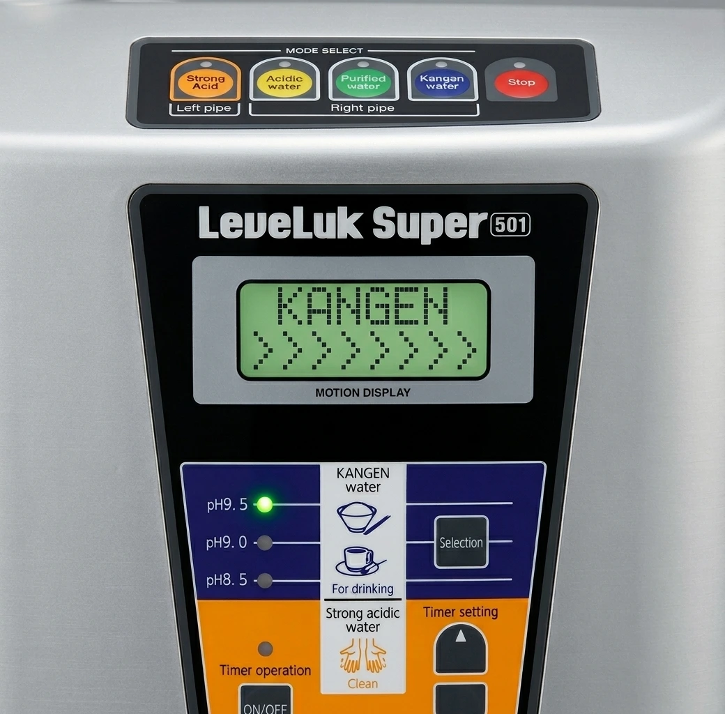 Close-up of LeveLuk Super501 control panel showing multiple functional water types