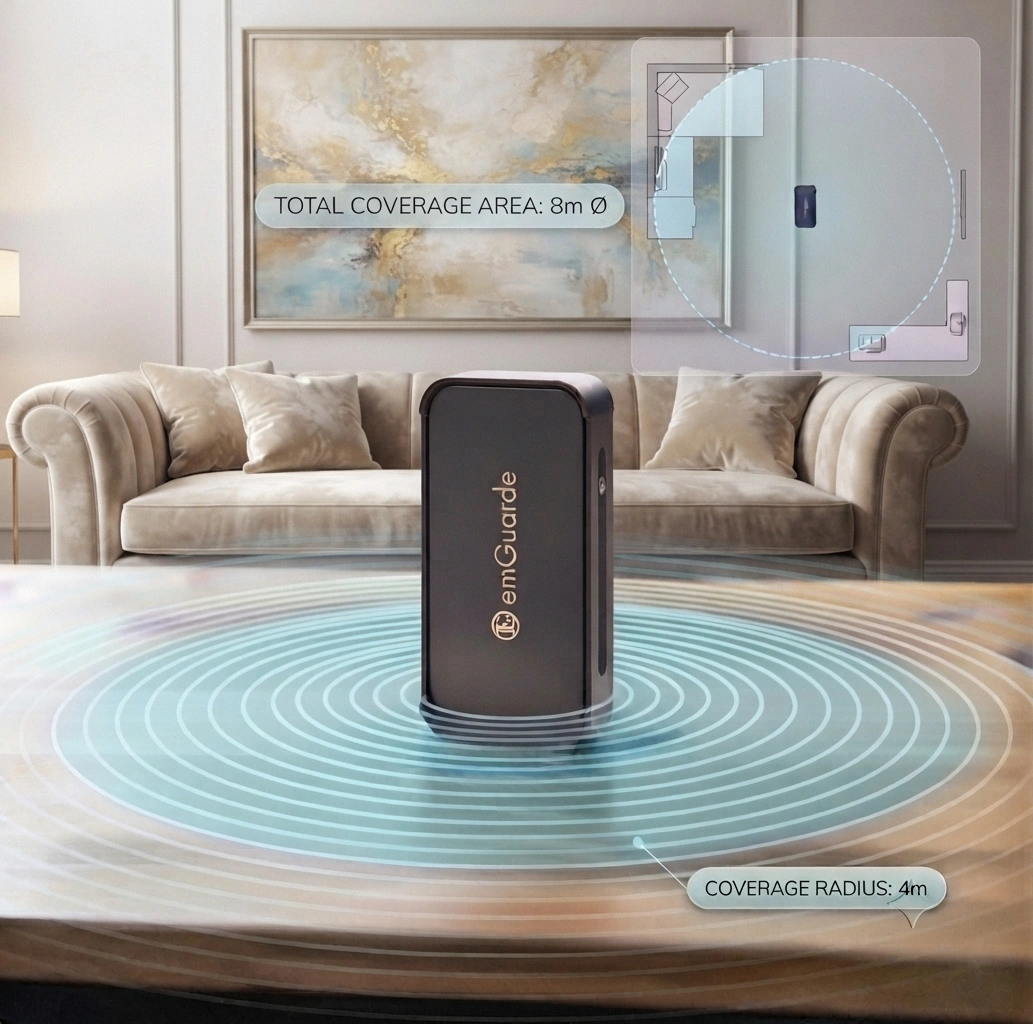 Illustration of emGuarde 8 meter environmental coverage inside a home