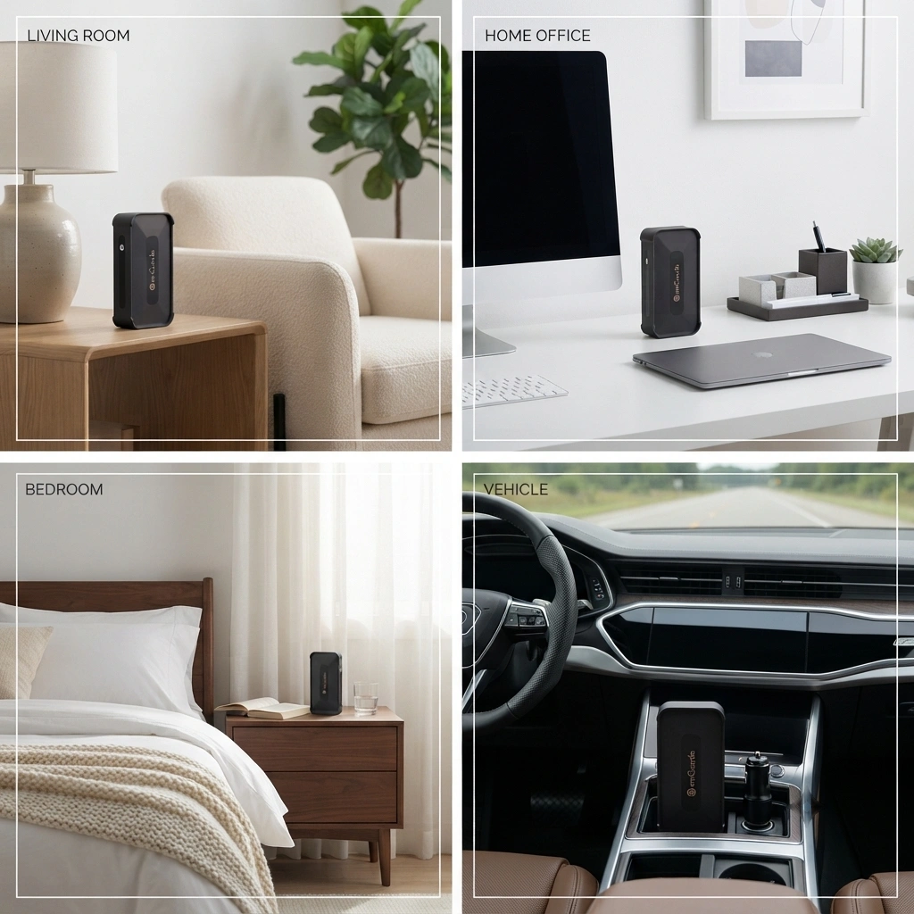 emGuarde used in home office bedroom and vehicle environments
