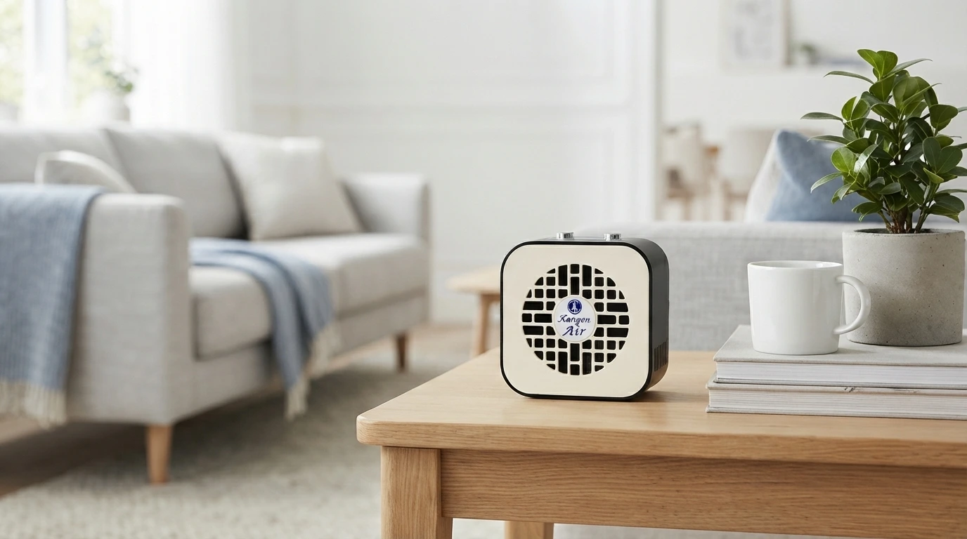 Kangen AIR Enagic compact photocatalyst air purifier placed in a modern living room