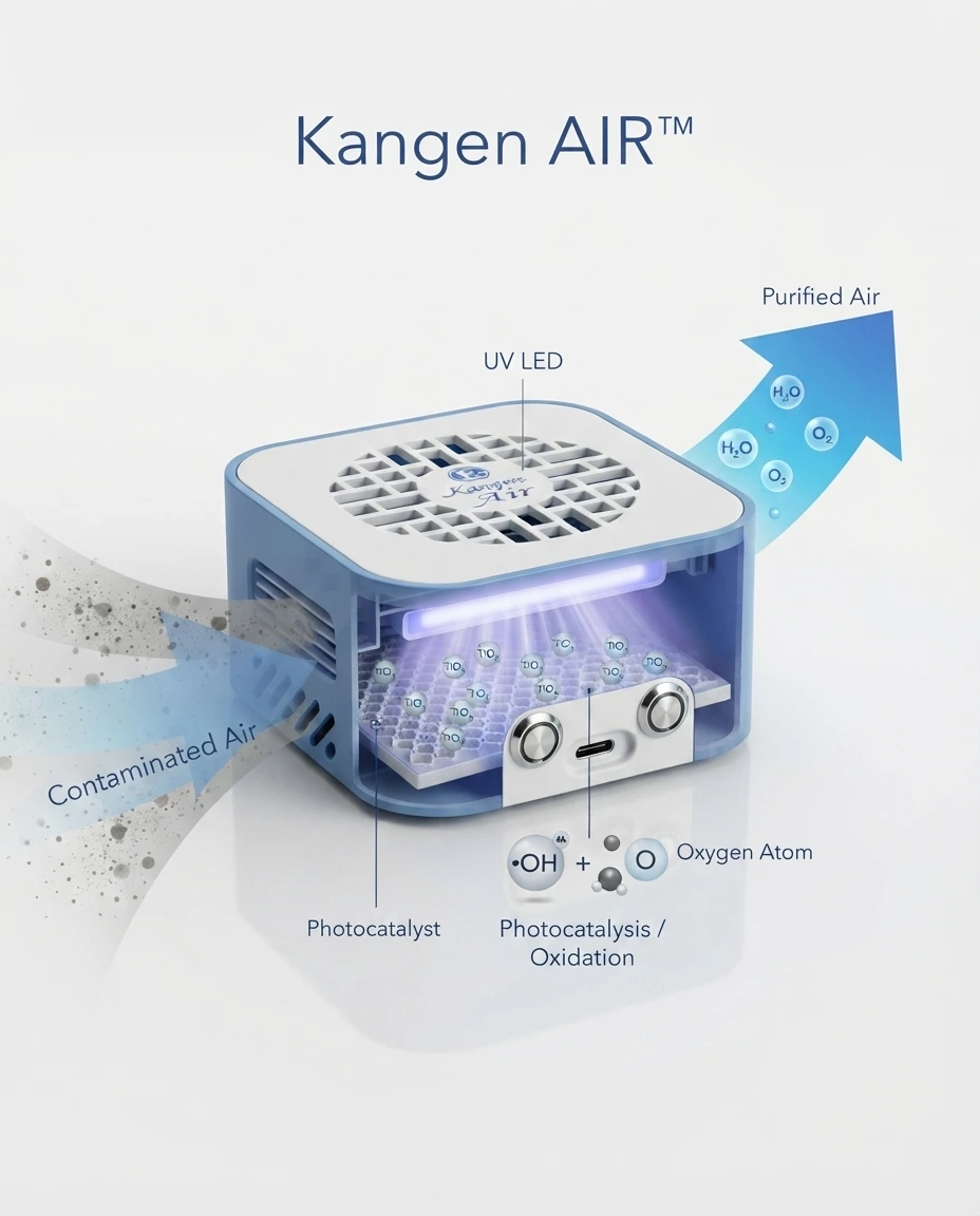 Illustration showing how Kangen AIR photocatalyst and UV LED technology works