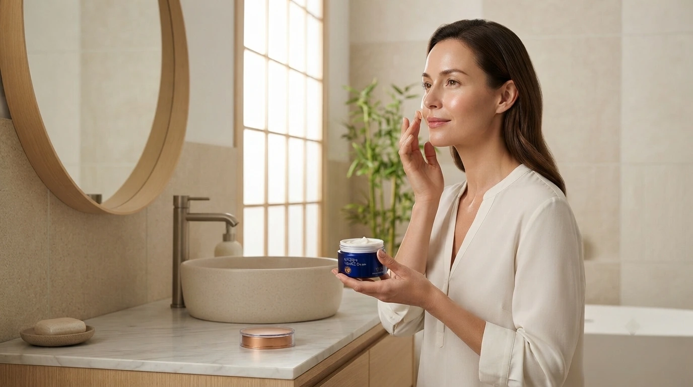 Woman enjoying a premium daily skincare routine