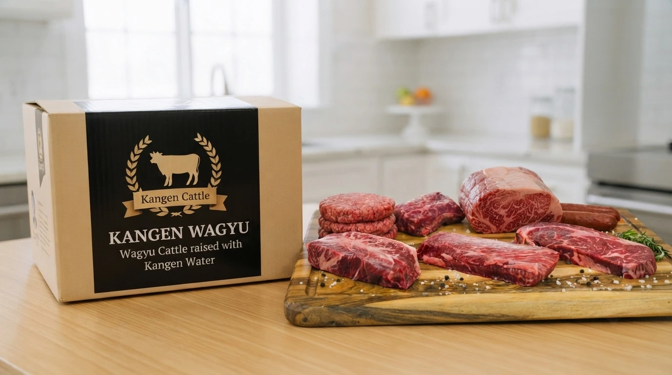 Premium American Wagyu steak raised with Kangen Water on a wooden serving board