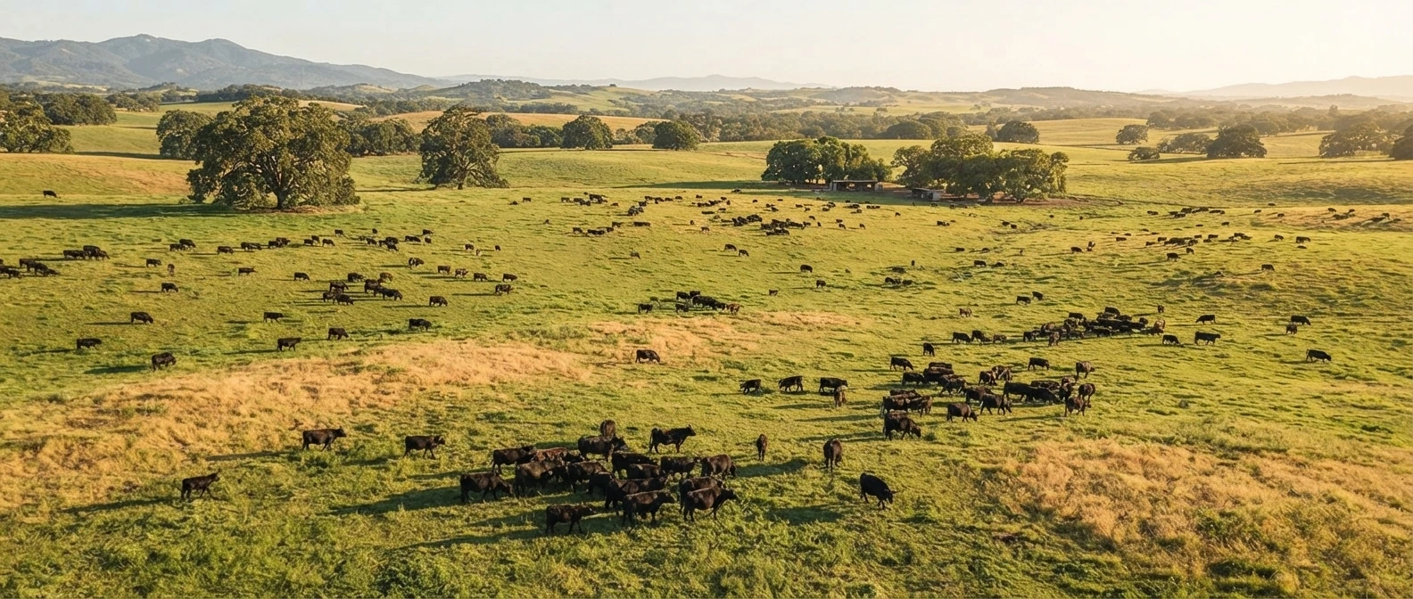 American Wagyu cattle grazing on open pasture in Masami Ranch Corning, California