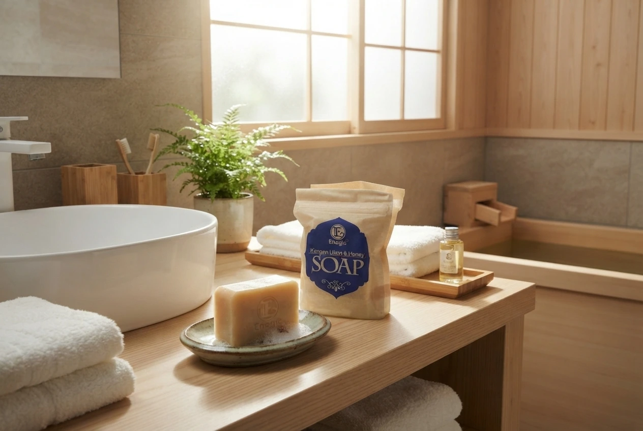 Kangen UKON Soap displayed in a minimalist Japanese-inspired bathroom for everyday skincare