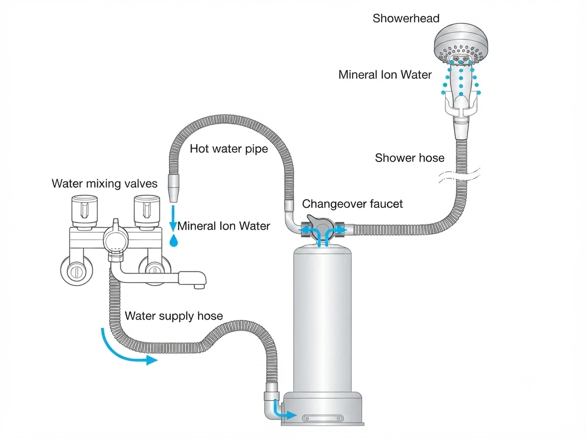 Diagram showing how the ANESPA DX mineral spa system filters and conditions shower water 3	Cartridge	ANESPA DX external cartridge and ceramic mineral cartridge components 4	Lifestyle	Man enjoying a relaxing shower with a premium mineral spa experience at home 5	Stainless Steel	Close-up of the ANESPA DX stainless steel housing 6	Tufa Minerals	Natural Japanese Tufa mineral stones inside the ANESPA DX ceramic cartridge 7	CTA	ANESPA DX premium home mineral spa system for everyday bathing