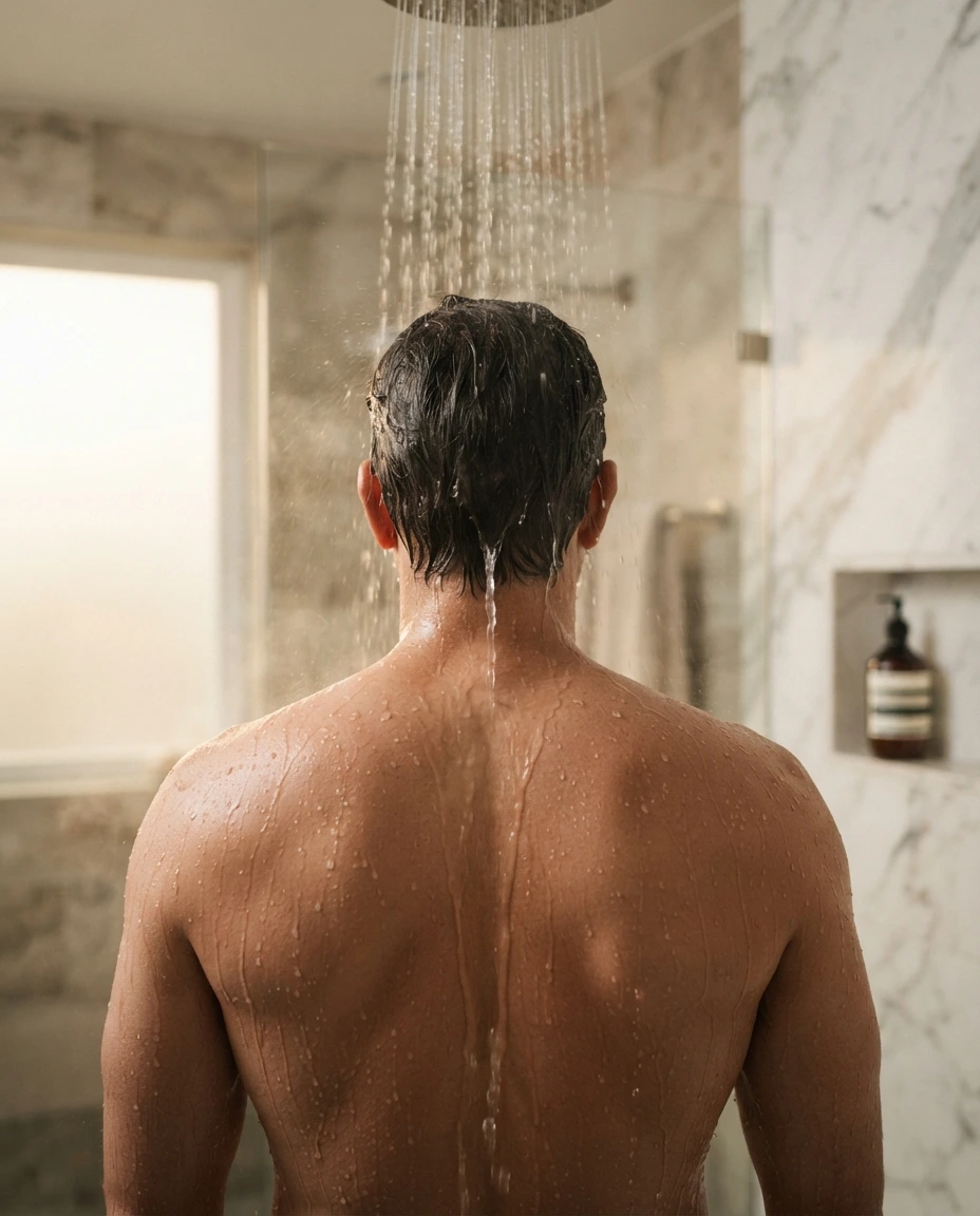 Man enjoying a relaxing shower with a premium mineral spa experience at home