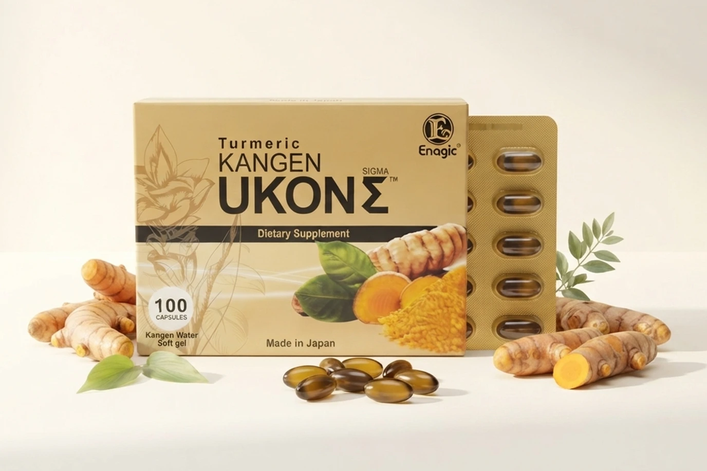 Kangen UKON sPremium Kangen UKON Japanese turmeric supplement with carefully selected Okinawan ingredientsupplement facts showing ingredients, serving size, and nutritional information