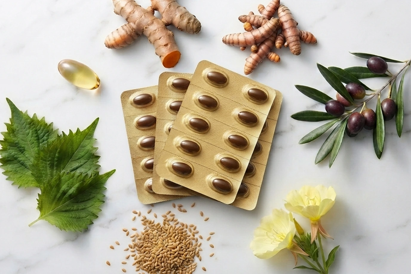 Premium ingredients used in Kangen UKON including wild turmeric, olive oil, perilla oil, and flaxseed oil